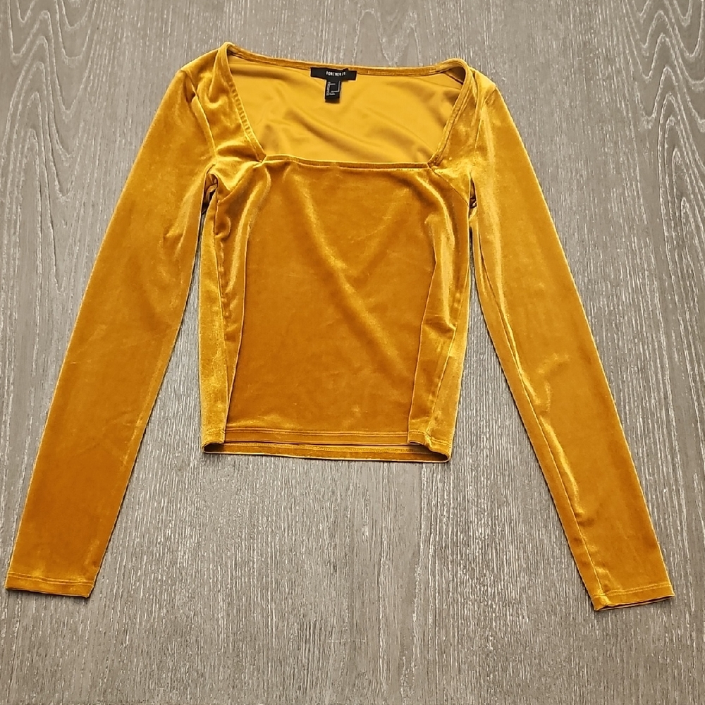 Forever 21 Velvet Long Sleeve Top in Mustard Yellow